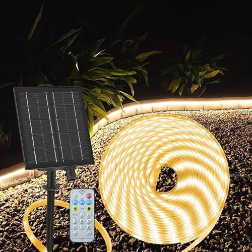 ZAIYW 10M Tira LED Solar Exterior, IP68 Impermeable, con Control Remoto y Temporizador, Autoadhesiva y Recortable para Jardín, Valla y Patio (Blanco Cálido)