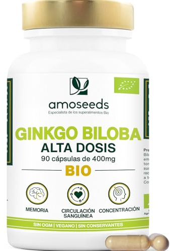 Ginkgo Biloba BIO | Alta Dosis, 4560mg / día | Estímulo cognitivo, Memoria, Circulación sanguínea | 90 cápsulas veganas y Orgánicas | Primera Calidad