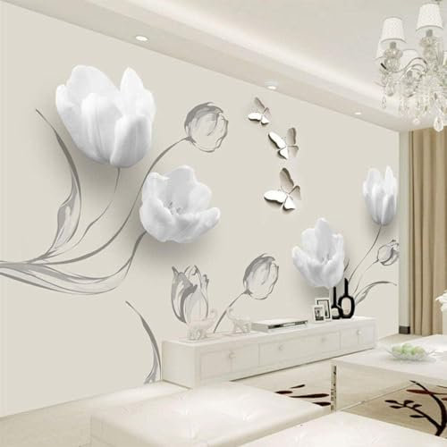 Papel Pintado Mural Moderno 3D Tulipán Mariposa Flores Pared Papel De Pared Sala De Estar Decoración D Pared Pintado Papel Tapiz 3D Decoración Dormitorio Fotomural Sala Mural-430cm×300cm