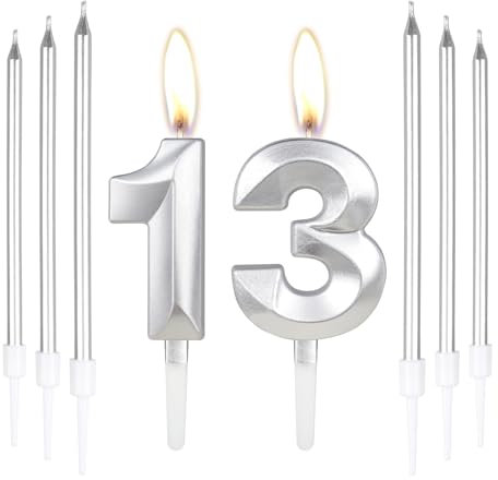 Silver 13th Birthday Cake Candles, Number 13 Set with 6 Long Candles, Cake Decorations for Parties & Anniversaries