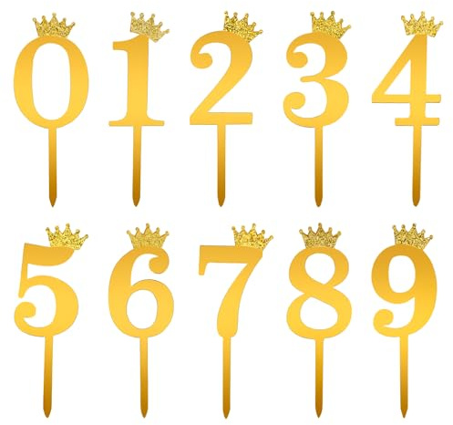 10St 0-9 Kuchen Zahlen Deko, Acryl Krone Cake Topper Zahlen Kuchenaufsatz für Geburtstag Hochzeit Jubiläum Feier Kuchendekorationen (Gold)