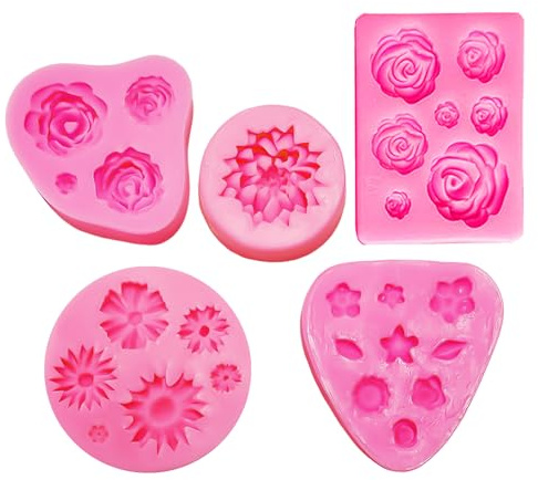 HDGSAFD 5 Moldes de Silicona Moldeados con Forma de Flor, Rosa, Silicona 3D, Galletas de Chocolate para Tartas