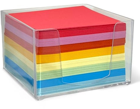 MIJOMA Colorido bloc de notas 75 x 75 mm – 500 hojas de notas en una caja de notas de acrílico transparente 9 x 9 x 5,5 cm – Perfecto para oficina, escuela y hogar