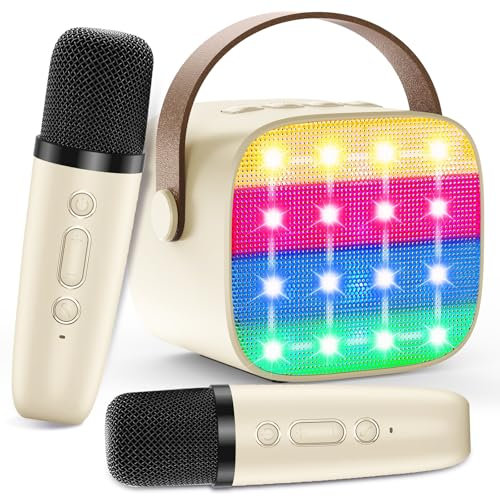 Macchina Karaoke per Bambini con 2 Microfoni Wireless - Microfono Bluetooth, Altoparlante Portatile, Cambio Voce, Luci LED, Giocattolo Musicale per Ragazze e Ragazzi, Regalo per Compleanni e Natale