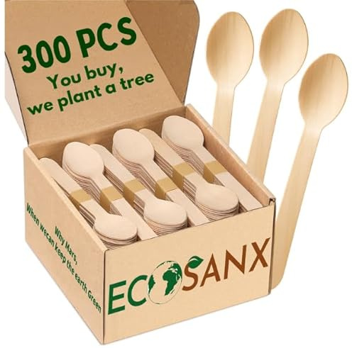 ECOSANX® 300 PCs Wooden spoons for eating, 6.5 Splinter Free small disposable spoons, Eco-Friendly, 100% All-Natural Compostable spoons for Outdoor, Bamboo spoon Disposable for Camping Events & More