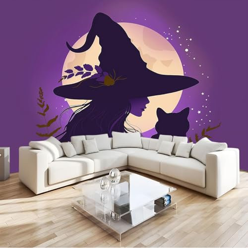 Fototapete 3D Effekt Gothic-Stil Hexe Katze Lila Art Mauer VliesTapete 200x140 cm Wandtapete Wanddeko Wand Wohnzimmer Schlafzimmer Wohnung Wandbilder