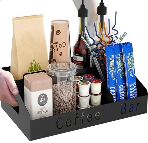Gypie Coffee Station Organizer, Metal Bar Accessories with 4 Compartments for K Cup, Coffee Pods, Syrup, and Tea Bag Storage (Black)
