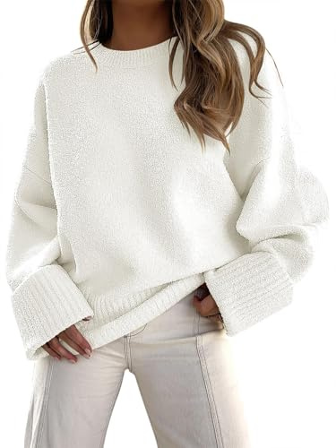 Fisoew Pullover Damen Rundhals Strickpullover Fuzzy Pulli Winter Oversized Sweatershirt Herbst Warm Oberteile Lose