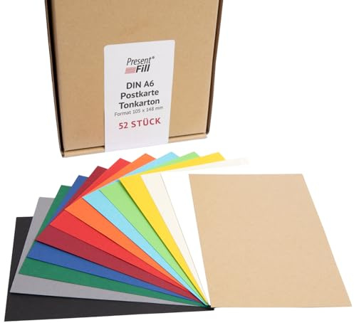 PresentFill® - blanko Postkarten Tonkarton Bunt, Papier-Karten Set 52 Stück 210 g/m² -DIN A6-105 x 148 mm zum Selbstgestalten, beschriften oder bedrucken als Bastelkarton, Karteikarten