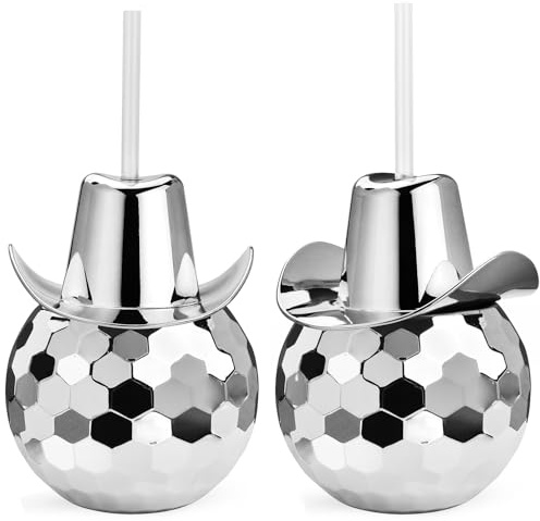 ALINK Disco Ball Cups with Cowboy Hat and Straws, 20 OZ Sparkly Disco Party Tumbler, Novelty Cups for Bachelorette Party, Bride Shower, 1970s Party, Nightclub Decorations, Pack of 2