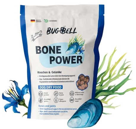 BugBell 800 g hundmat torr spannmålsfri, för ben och ledstöd, för artros, patellaluxation, med grönläppmussla och spirulina och pilbark och djävulsklo