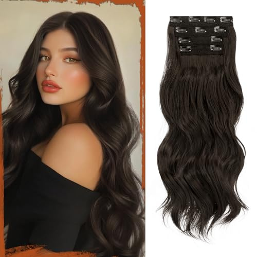Sofeiyan Clip in Extensions, 4PCS 50 cm Lange Gewellte Haarverlängerungen für Frauen Natürlich Wellig Dunkelbraun Weiche Synthetische Clip in Haarteile für Tägliche Party
