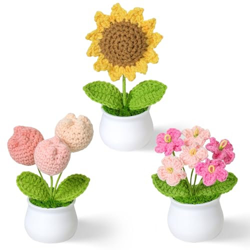 Weldomcor 3Pcs Crochet Flowers Bouquet, Funny Emotional Support Plant Knitted Flowers Emotional Support Gift Artificial Tulips Fake Sunflower Crochet Kits for Home Desktop Cars Tables Decor