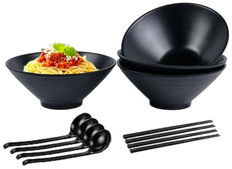 Ramen Lot de 4 bols en mélamine - 40 oz - Bol à ramen noir - Bol à ramen en mélamine durable - Grande capacité - Idéal pour pâtes, salade, collations en plein air