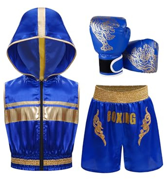 Hedmy Kids Boys 3Piece Boxing Kickboxing Outfits Metallic Trim Zipper Hooded Tank Top Vest with Shorts Gloves Set Blue 11-12 Years