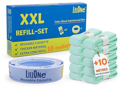 LillOne XXL-SET 10 påfyllningar över 10 meter + 1 återanvändbar kassett – kompatibel med blöjhinkar Angelcare, Munchkin – extra lång, hög densitet