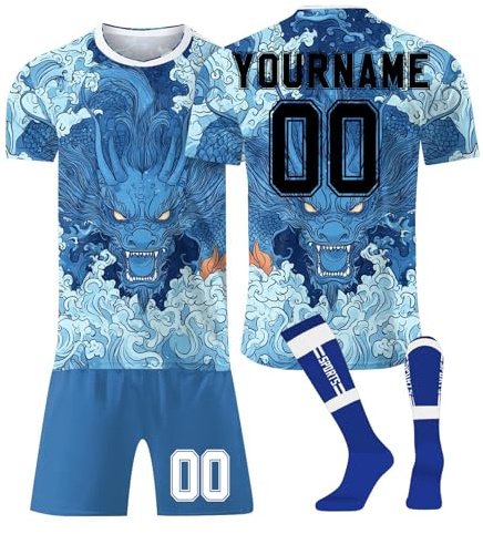 LILIHOT Personalisiert Fußballtrikot Kinder Erwachsene Fusstball Shorts Socks&Trikots 3 Teiliges Set,mit Namen Teamname Nummer Logo Atmungsaktiv Sport Tshirt Trainingsanzug Fantrikot(#C Blue)