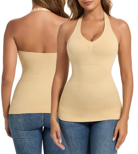 Joyshaper Unterhemden Damen BH Shapewear Unterhemd Bauchweg Hemden V-Ausschnitt Body Shaper Hemd Neckholder Tank Top Beige,M