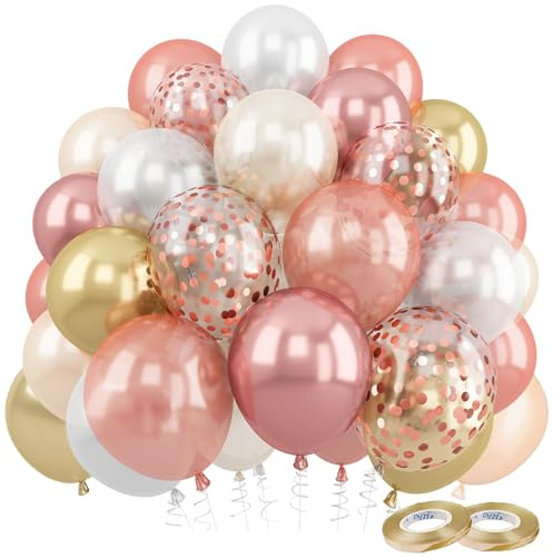 Luftballons Rosegold Rosa,60 Stück Pink Pastell Luftballons Geburtstag mit Metallic Roségold Gold Weiß Champagnerfarbe Konfetti Ballons für Babyparty Hochzeit Deko Geburtstags Mädchen Frau