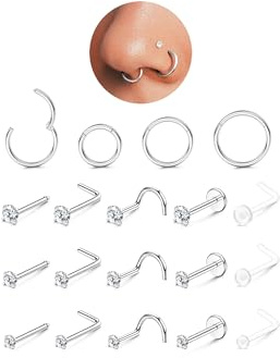 Morfetto 19Pcs Hypoallergen Nasenstecker, Nasenpiercing Ring Silber 316L Chirurgenstahl Septum Piercings Silber Nasenpiercing Stecker Nostril Piercing Set Nostril Push-In Flat Piercing Schmuck 18/20G