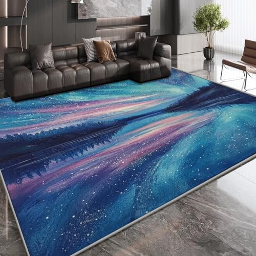 OUZUIU Kurzflor-Kinderteppich - Sternenhimmel-Polarlicht-Wald-Fluss-Muster, rutschfeste Spielmatte für Kinderzimmer, Wohnzimmer & Teenager-Schlafzimmer 60x110cm Carpet