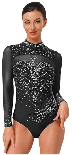 Jydiazi Damen Turnanzug Langarm Glitzer Strass Gymnastik Tanz Trikot Mit Durchsichtige Mesh Eislaufen Ballett Leotard A_Schwarz M