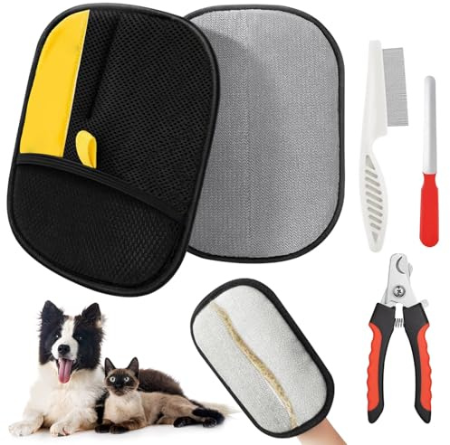 Pet Hair Remover Glove – 4-in-1 Dog & Cat Grooming Kit with Reusable Electrostatic Hair Removal Glove – Removes Loose Fur from Sofa, Clothes & Pet Beds – Includes Nail Clipper, Comb & File