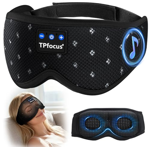 TPfocus Auriculares Bluetooth para Dormir, Antifaz 100% Opaco Lateral | Cavidades oculares 3D profundas | Malla transpirable | Altavoces ultrafinos | Sonido nítido | 16 h de batería