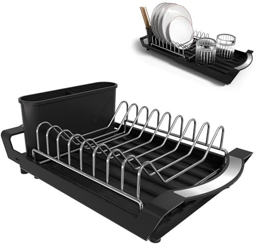 katmerio Abtropfgestell Geschirr, Edelstahl Geschirrabtropfgestell, Kompaktes Erweiterbares Abtropfgestell mit Besteckabtropffläche, Besteckhalter, Küchen Geschirr Abtropfständer/29 * 20cm, Schwarz