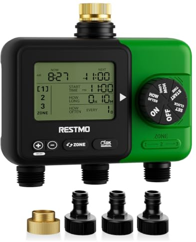 RESTMO 3-Zonen Bewässerungscomputer, Bewässerungsuhr für Garten | großes Display, getrennte Pläne, automatisch/manuell/Regenverzögerung, für Gartenschlauch & Außenwasserhahn, Rasen & Beete