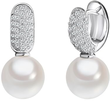 Rafaela Donata Damen Klappcreole aus 925/- Sterling Silber Muschelkernperle | Perlengröße ca. 10mm,Weiß,Rund,Zirkonia,Perlenohrschmuck,Silbercreolen,Creole mit Perle