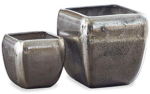 Loberon Vase 2er Set Kono, Zwei Größen, hochwertige Handarbeit, mit Antik-Finish, Dekoration, Wohn-Accessoires, Aluminium, antiksilber