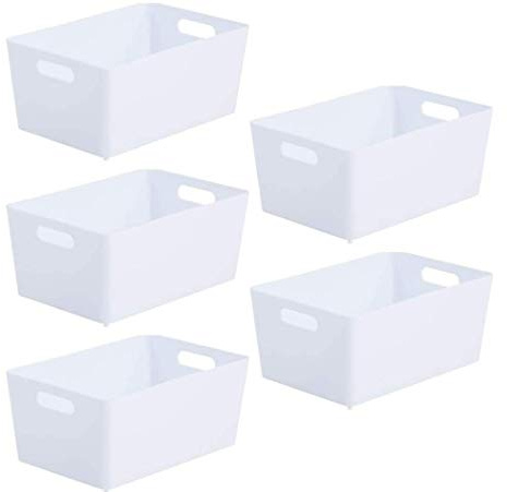 Wham Studio 5 x 3.9L Rectangular Plastic Storage Baskets | Ideal for Kitchens, Bathrooms, Stationery & More | Easy Access Integrated Handles | Made in the UK - Ice White
