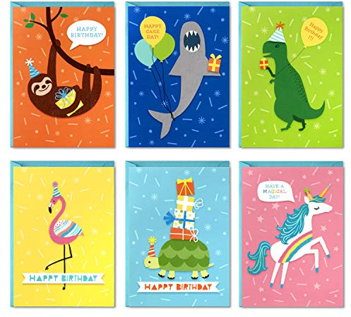 Hallmark Birthday Cards for Kids Assortment, 48 Cards with Envelopes (Dinosaurs, Sloths, Unicorns, Flamingos, Turtles, Sharks)