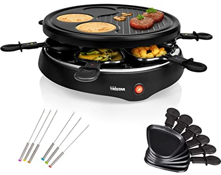 Raclette & grillset med integrerad crêpefyta, lämplig för 6 personer inklusive teppan gaffel, camping lämplig 800 watt