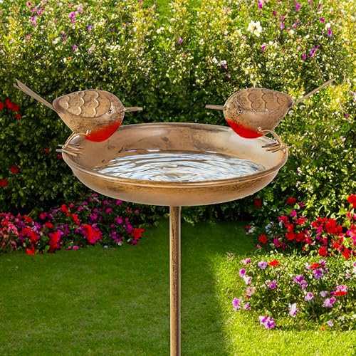 Garden Mile Bird Bath Ornamental Durable Metal Stake Outdoor Bird Bath Robin Garden Ornament Standing Outdoor Water Bowl Feeder for attracting Wild Birds