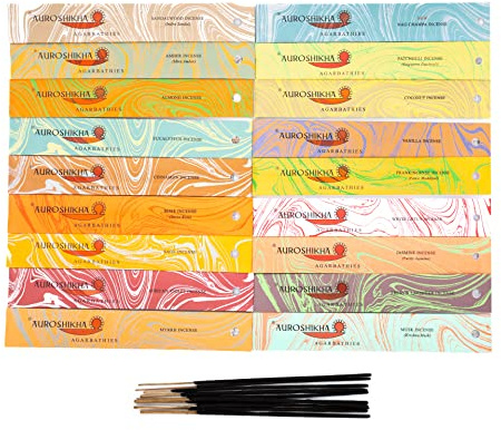 Auroshikha - 190 Räucherstäbchen - Set mit 18 Düften: Patschuli, Salbei, Nag Champa, Jasmin, Lavendel, Moschus, Myrrhe, Opium, Rose, Sandelholz, Vanille, Lotus, Veilchen, Mandel, Bernstein, Kokos.