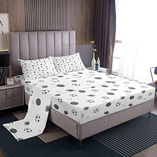 Loussiesd Juego de sábanas de fútbol para niños, juego de sábanas de béisbol para niños, adolescentes, juego de ropa de cama deportiva, juego de sábanas de 4 piezas, tamaño King
