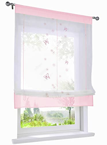 Raffrollo mit Schmetterling Bestickt Gardine Tunnelzug Transparent Voile Vorhang (BxH 80x100cm, Pink)