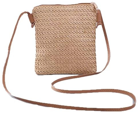 YFZCLYZAXET Strohtaschen Strandtasche Damenmode Strohtasche Rattan Gewebte Geldbörse Crossbody Messenger Bag Zopf Kleine Quadratische Handtasche Boho Beach Coffee