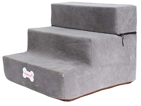 LOVIVER Morbido Cane Scale Scaletta Antiscivolo Rampa Giocattoli Spugna Lavabile Step 3 Rimovibile Cerniera Copertura per Vecchi Gatti Divano, Grigio Chiaro