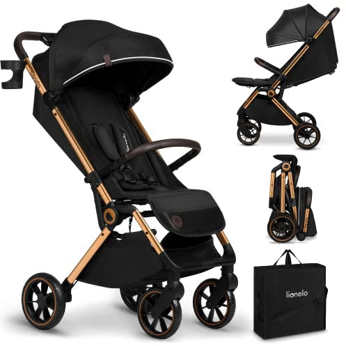 LIONELO Cloe Zusammenklappbarer Kinderwagen bis zu 22 kg, Verstellbare Rückenlehne Schlaffunktion, 5-Punkt-Gurt Große Schwenkräder Moskitonetz Becherhalter Leichtgewicht Kompakt Wasserdicht (Schwarz)
