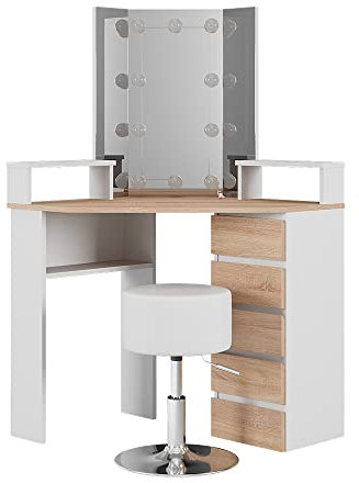 Vicco Eckschminktisch Tilda, Weiß/Sonoma/Sonoma, 113.3 cm mit LED Beleuchtung und Hocker