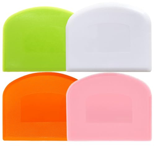 CEWIFO Dough Scraper Bench Scraper for Baking, 4 PCs BPA Free PE Plastic Flexible Bowl Scraper, Food-safe Plastic Dough Cutter for Bread Cake Dough Fondant Icing (White, Green, Orange, Pink)