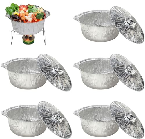 XTEES Pentole usa e getta in alluminio con coperchi, contenitori per alimenti usa e getta, contenitori rotondi in alluminio, da campeggio, con coperchio, per cucinare barbecue (5 pezzi, 2XL)