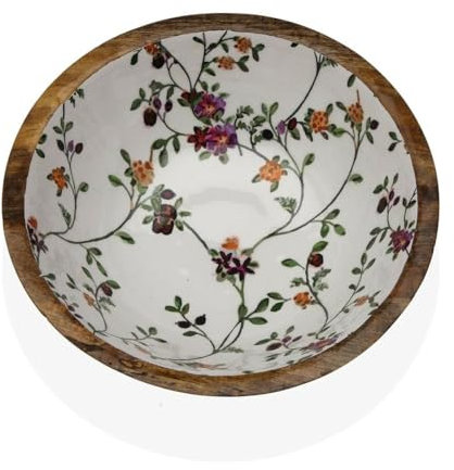 Versa Insalatiera Fiori Porcellana Legno di Mango 30 x 10 x 30 cm