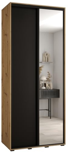 MEBLE KRYSPOL Cannes 3 Moderner Schrank mit 2 Schiebetüren mit Stange, Regalen und Spiegel - Aufbewahrungsschrank für Schlafzimmer, Wohnzimmer - 205,2x110x45 cm - Artisan Schwarz Schwarz