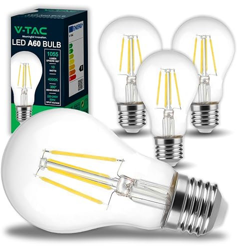 V-TAC 4x Lampadina LED a Filamento con Attacco E27 10W (Equivalenti a 75W) A60-1055 Lumen - 4 Lampadine LED Massima Efficienza e Risparmio Energetico - 4000K Luce Bianca Naturale