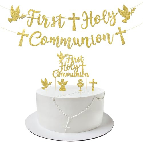 BETESSIN 5pcs Gold Glitter Frist Holy Communion Banner Garland + Cake Toppers + Cupcake Toppers Christening Decoration Kit for Baptism Communion Party Supply