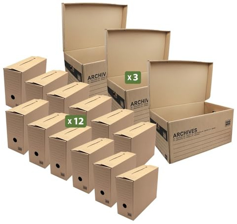 Pack and Move - Lot de 12 boites archives Taille XL - 54 x 36 x 28 cm - Caisse de stockage incluse